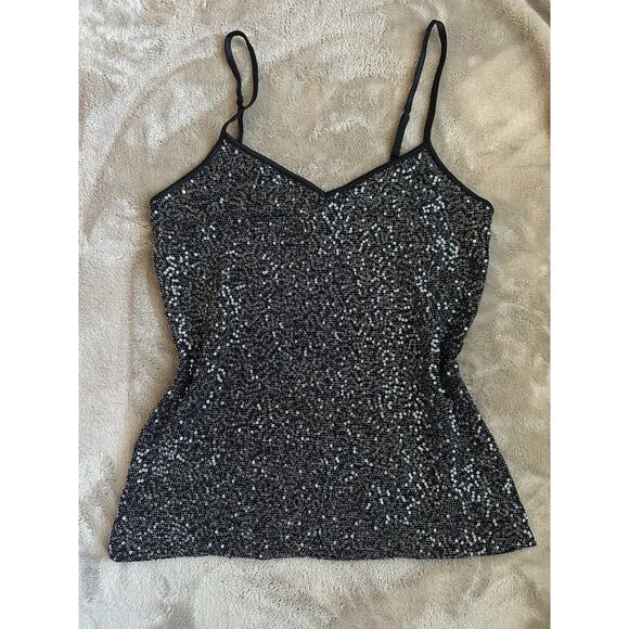 Y2K Express Black Silver Sequin V Neck Cami Spaghetti Strap Glam Club Tank VTG - Picture 7 of 7
